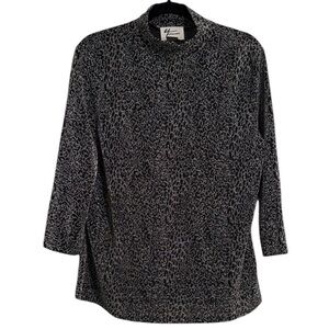 Andrea Jovine Glittery Grey and Black Leopard Print Mock Neck 3/4 Sleeve Top